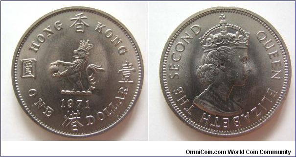 UNC grade 1971 years 1 dollars,Hong Kong,it has 30mm diameter,weight 11.7g.