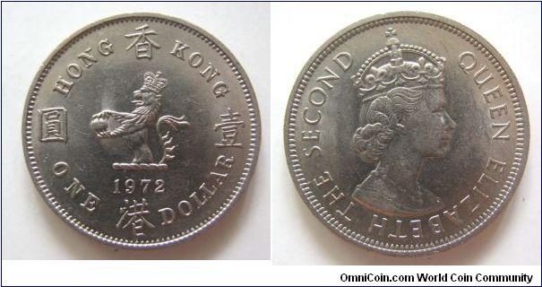 UNC grade 1972 years 1 dollars,Hong Kong,it has 30mm diameter,weight 11.5g.