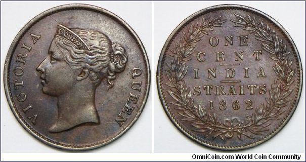 British Straits Settlements, British India Government Queen Victoria One Cent 1862. Good EF or better. Scarce this nice.