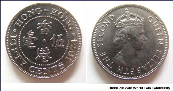 1974 years 50 cents,Hong Kong,it has 23mm diameter,weight 5.8g.