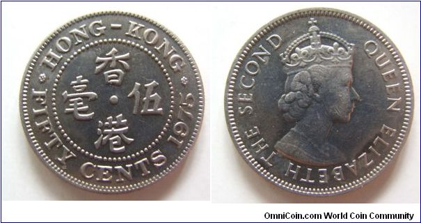 1975 years 50 cents,Hong Kong,it has 23mm diameter,weight 5.8g.