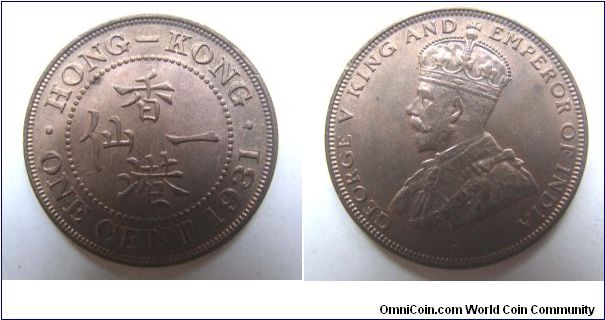 UNC grade 1931 years 1 cent,Hong Kong,it has 22mm diameter,weight 3.9g.