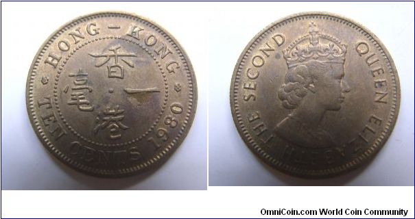Rare and diffiuclt to find UNC grade 1980 years 10 cents A,Hong Kong,It has 20.2mm diameter,weight is 4.6g.
