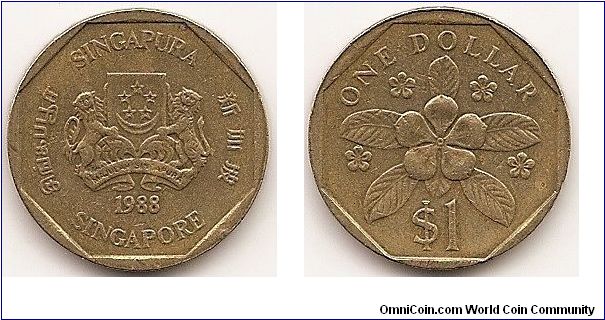 1 Dollar
KM#54b
Aluminum-Bronze, 22.3 mm. Obv: Arms with supporters Rev: Periwinkle flower, REPUBLIC OF SINGAPORE (lion's head)
