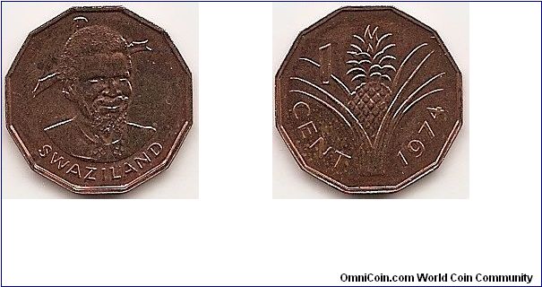 1 Cent
KM#7
2.0000 g., Bronze, 18.3 mm. Ruler: Sobhuza II Obv: Head 1/4 right Rev: Pineapple and value