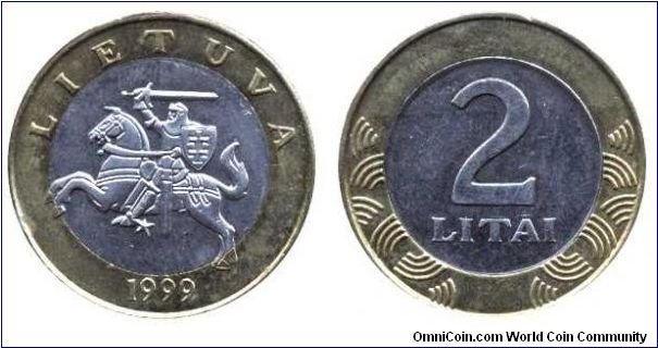 Lithuania, 2 litai, 1999, bi-metallic.                                                                                                                                                                                                                                                                                                                                                                                                                                                                              