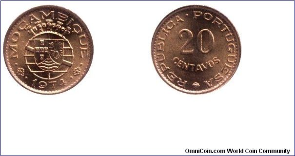 Mozambique, 20 centavos, 1974, Bronze, 16mm, Republica Portugesa.                                                                                                                                                                                                                                                                                                                                                                                                                                                   
