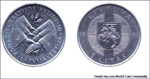 Lithuania, 1 litas, 1999, 10th Anniversary of the Independence of Baltic States.                                                                                                                                                                                                                                                                                                                                                                                                                                    