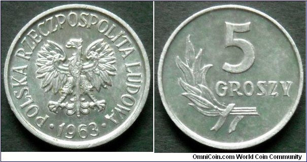 5 groszy.
1963, Aluminum.
Mintage 20.877.779 units.