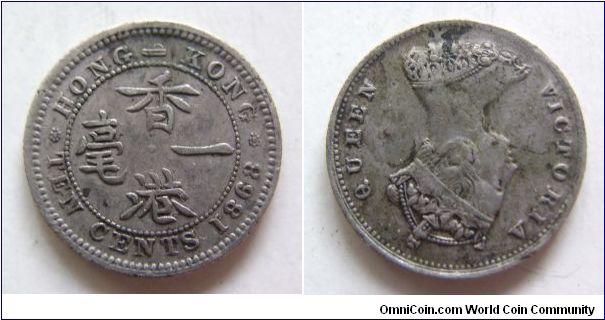 Rare 1868 years 10 cents B,Hong Kong,It has 18mm diameter,weight is 2.7g.