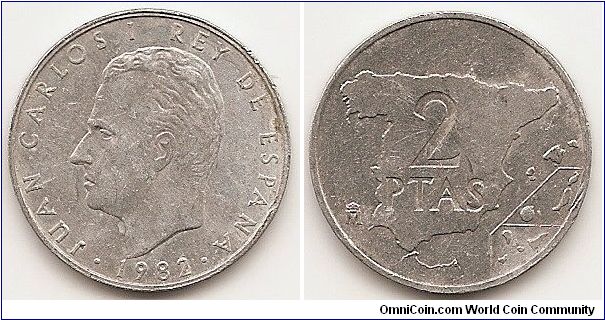 2 Pesetas
KM#822
2.0000 g., Aluminum, 24 mm. Ruler: Juan Carlos I Obv: Head left Rev: Value within map