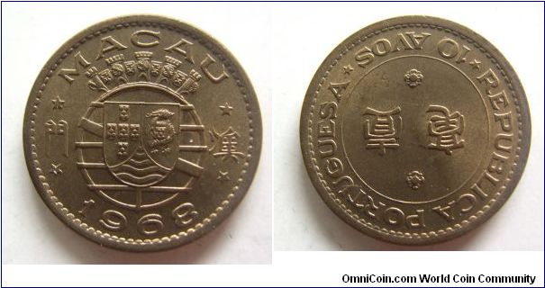 UNC grade 1968 years 10 cents.Macau.It has 22mm diameter,weight 4.6g.