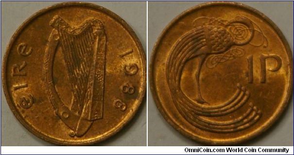 1 pence,with harp and exotic bird  from an ornamental detail in the book of Kells, Bronze, (the year they switched to Cu-plated steel), 20 mm