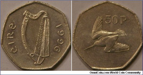 pre-Euro 50 pence, with Irish harp on front and Woodcock on reverse. Cu-Ni, 30 mm