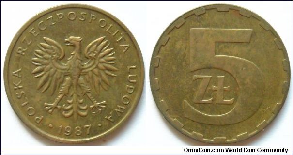 5 zlotych.
1987, Mintage 58.845.621 units.