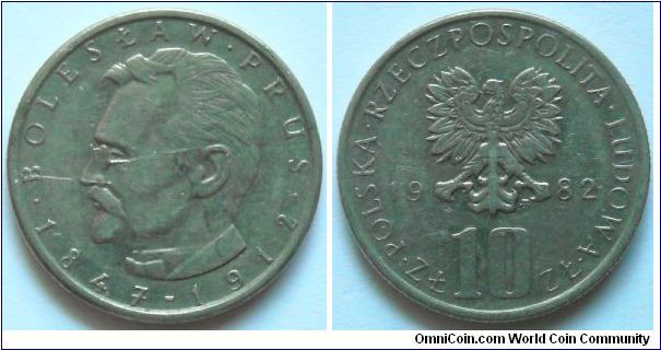 10 zlotych.
1982. Boleslaw Prus (1847-1912) Cu-ni. Weight 7,7g. Mintage 16.341.406 units.