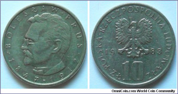 10 zlotych.
1983, Boleslaw Prus (1847-1912) Cu-ni. Weight 7,7g. Mintage 14.247.600 units.