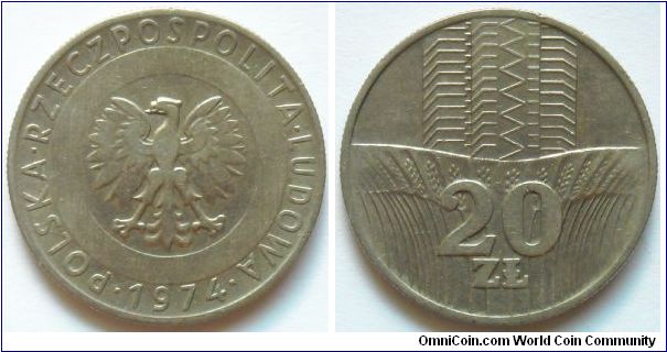 20 zlotych.
1974. Cu-ni.
Weight 10,15g.
Mintage 12.000.000 units.