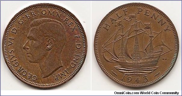 1/2 Penny
KM#844
Bronze, 25.5 mm. Ruler: George VI Obv: Head left Rev: The Golden Hind