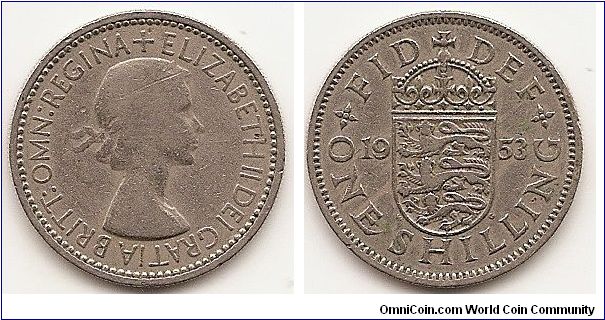 1 Shilling
KM#890
Copper-Nickel, 23.5 mm. Ruler: Elizabeth II Obv: Laureate bust right Rev: Crowned English shield divides date