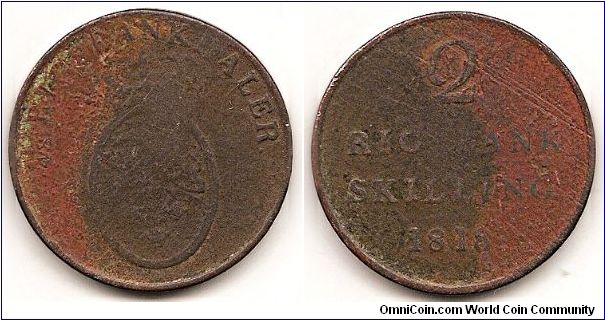 2 Rigsbankskilling
KM#689
14.6160 g., Copper Obverse: Crowned oval arms Reverse: Value and date