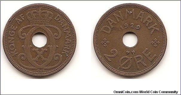 2 Ore
KM#827.2
3.8000 g., Bronze Ruler: Christian X Obv: Crowned CXC monogram within title “KING OF DENMARK”, initials GJ below Rev: Country name and date above center hole, denomination, mint mark, and initial N below 