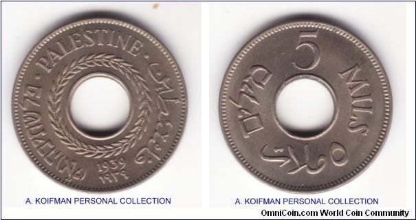 KM-3, 1939 Palestine 5 mils; copper nickel, plain edge; about uncirculated for wear, a small spot on reverse