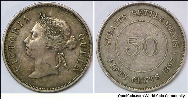 British Straits Settlements Queen Victoria 50 Cents, scarcer 1897 with low mintage 36,000 pieces. Rim nick on reverse 8 o'clock but none serious, still a nice scarce piece. [SOLD]