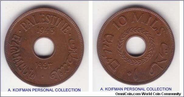 KM-4a, 1943 Palestine 10 mils; bronze, plain edge; brown good extra fine or better.