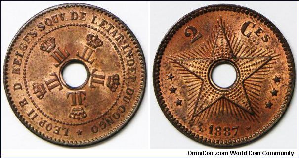 Belgian Congo Copper 2 Centimes of the Belgian Congo.  Red and brown Choice Uncirculated with outstanding original luster.  Rare in this grade, since so few were saved. Mintage 125,000 units for both 1887 & 1888 but 99,000 pieces were melted especially most were 1887 pieces. For 1887:1888 rarity ratio, it's 1: 6.5.