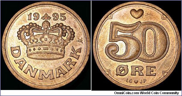 Denmark - 50 Öre - 1995 - Weight 4,3 gr - Tin / Bronze - Size 21,5 mm - Thickness 1,55 mm - Ruler / Margarethe II (1972-) - Mintage 15 988 000 - Minted in Copenhagen / Denmark - Edge : Plain - Reference KM# 866.2 (1990-2000)