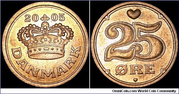 Denmark - 25 Öre - 2005 - Weight 2,8 gr - Tin / Bronze - Size 17,5 mm - Thickness 1,55 mm - Ruler / Margarethe II (1972-) - Mintage 194 000 000 - Edge : Plain - Minted in Copenhagen / Denmark - Reference KM# 868.2 (2002-)