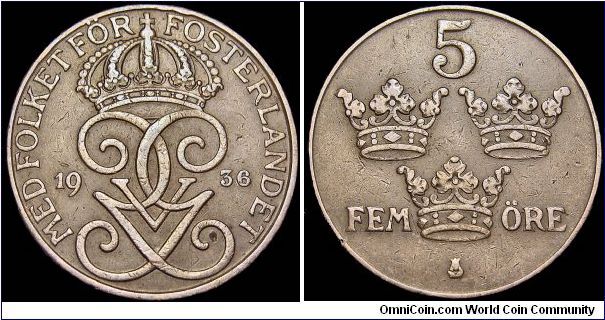 Sweden - 5 Öre - 1936 - Weight 8 gr - Bronze - Size 27 mm - Regent / Gustav V (1907-1950) - Mintmaster / A. Grabe - Mintage 1 625 700 - Minted in Stockholm / Sweden - Edge : Plain - Note : Short 6 - Reference KM# 779.2 (1909-1950) 