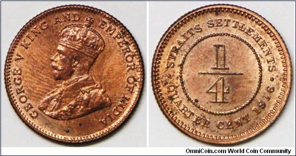 British Straits Settlements George V Quarter cent. Red BU.