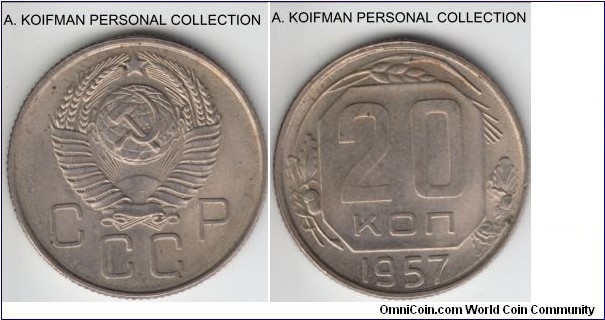 Y#125, 1957 Russia (USSR) 20 kopeks; copper-nickel, reeded edge; average uncirculated, lots of subdued luster.