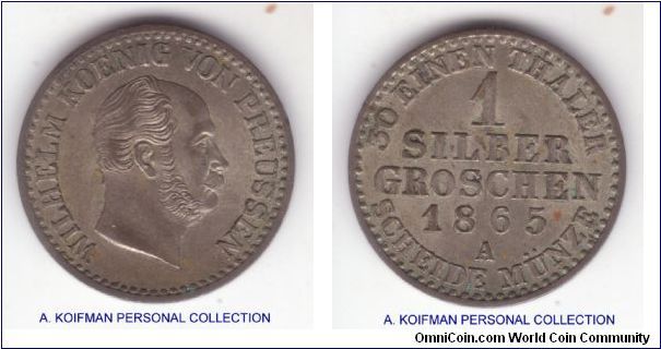 KM-485, 1865-A Prussia (German State) silber groschen, Berlin mint; plain edge, low grade silver; about uncirculated for wear, a bit dirty.