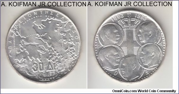 KM-86, ND (1963) Greece 30 drahmai; silver, raised Greek lettered edge; centennial 5 kings commemorative; better than average uncirculated