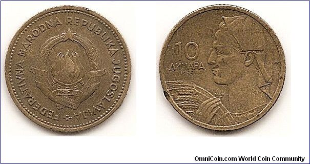 10 Dinara -Federal People's Republic-
KM#33
Aluminum-Bronze, 21 mm. Obv: State emblem Rev: Hand holding grain stalks below head left Edge: Milled