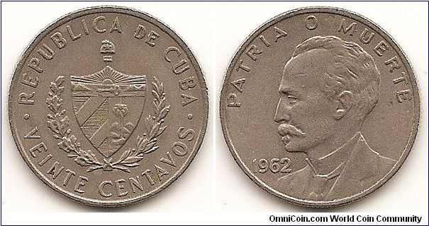 20 Centavos
KM#31
Copper-Nickel, 24 mm. Subject: Jose Marti Obv: National arms within wreath, denomination below Rev: Bust left, date lower left