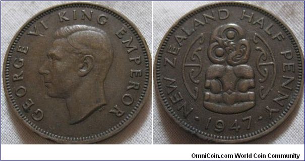 aEF 1947 new zeland halfpenny, very nice VF piece, but enough wear on george to lower it to high VF grade