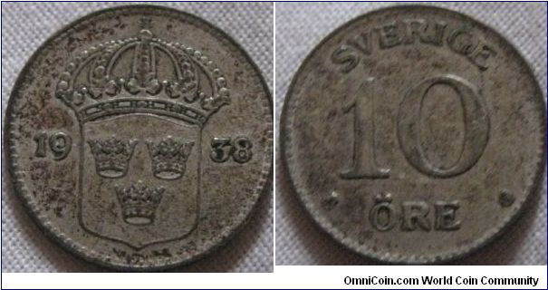 1938 silver 10 ore, strange discolouration, but otherwise EF and a lovely looking piece