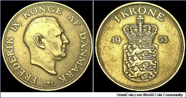 Denmark - 1 Krone - 1953 - Weight 6,5 gr - Alu-Bronze - Size 25,5 mm - Regent / Fredrik IX - Mintage 573 000 - Engraver / Harald Salomon - Minted in Copenhagen / Denmark - Edge : Plain - Reference KM# 837.1