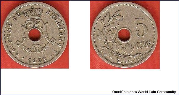 5 centimes
crowned double L-monogram for king Leopold II
small date type
French legends
Designer: A. Michaux
copper-nickel