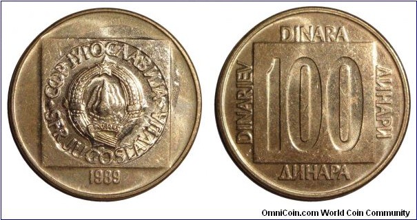 YUGOSLAVIA (SOCIALIST FEDERAL REPUBLIC)~100 Dinara 1989.