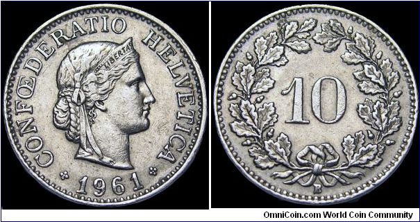 Switzerland - 10 Rappen - 1961 - Weight 3 gr - Copper 75% Nickel 25% - Size 19,15 mm - Thickness 1,45 mm - Edge Plain - Mintage 7 949 000 - Reference KM# 27