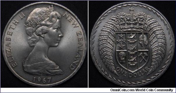 Copper-Nickel, 38.8mm. Ruler: Elizabeh II Subject: Decimalization Commemorative Obv: Young bust right Rev: Crowned shield with silver fern leaves Edge: DECIMAL CURRENCY INTRODUCED JULY 10 1967.