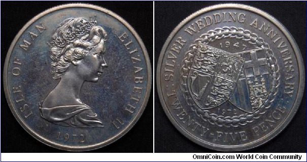Copper-Nickel, 38.5 mm. Ruler: Elizabeth II Subject: 25th Wedding Anniversary Obv: Young bust right Rev: Tilted shields divide date within rope wreath Note: Struck at the Royal Canadian Mint. Mintage: 70,000