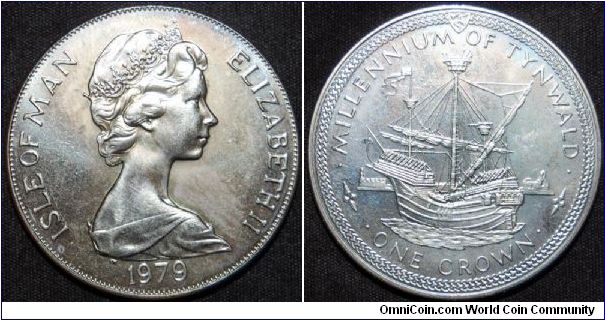 Copper-Nickel, 38.5mm. Ruler: Elizabeth II Subject: Millennium Of Tynwald Obv: Young bust right Rev: Ship Edge: Reeded. Mintage: 100,000. Minor luster.