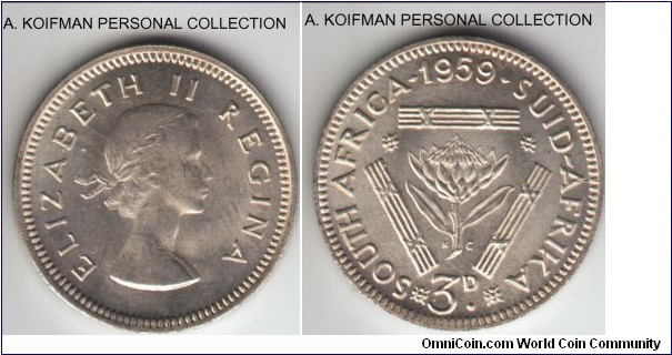 KM-47, 1959 South Africa 3 pence; silver, plain edge; common variety with KG present, bright white uncirculated.