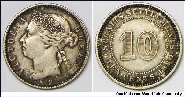 British Straits Settlements Victoria 10 Cents, 1880 H mintmark Heaton mint. Scarce date.